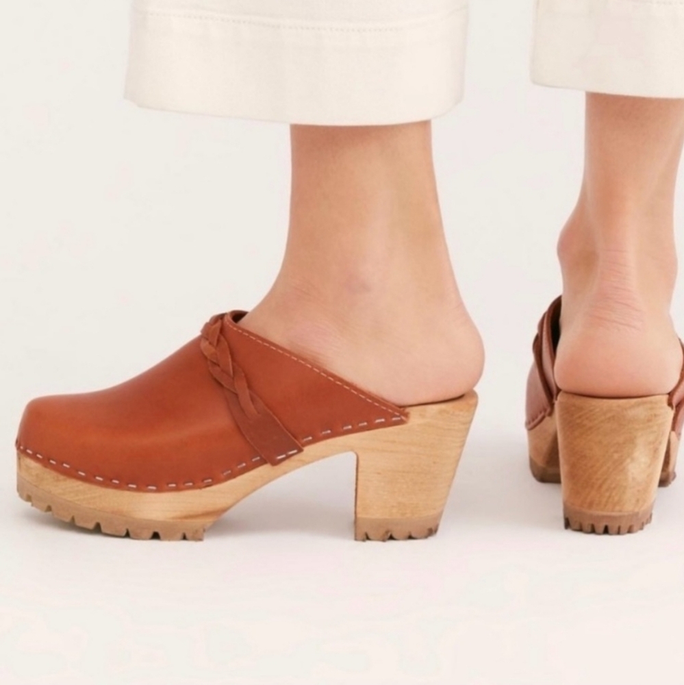 MIA Sweden ELSA Leather Heeled Clogs Mules In Luggage Brown Braided Detail 8